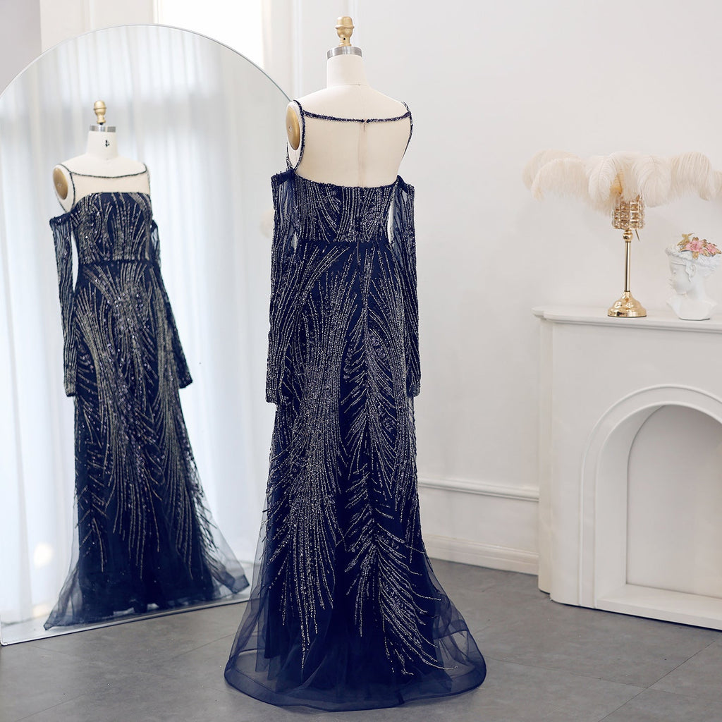 Elegant Beaded Navy Blue Evening Dress with Long Sleeves SS396