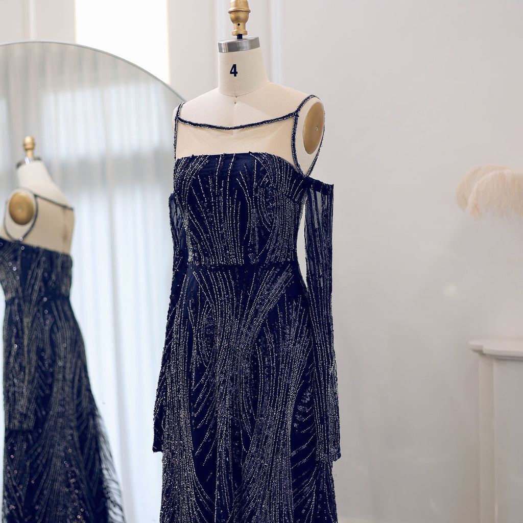 Elegant Beaded Navy Blue Evening Dress with Long Sleeves SS396