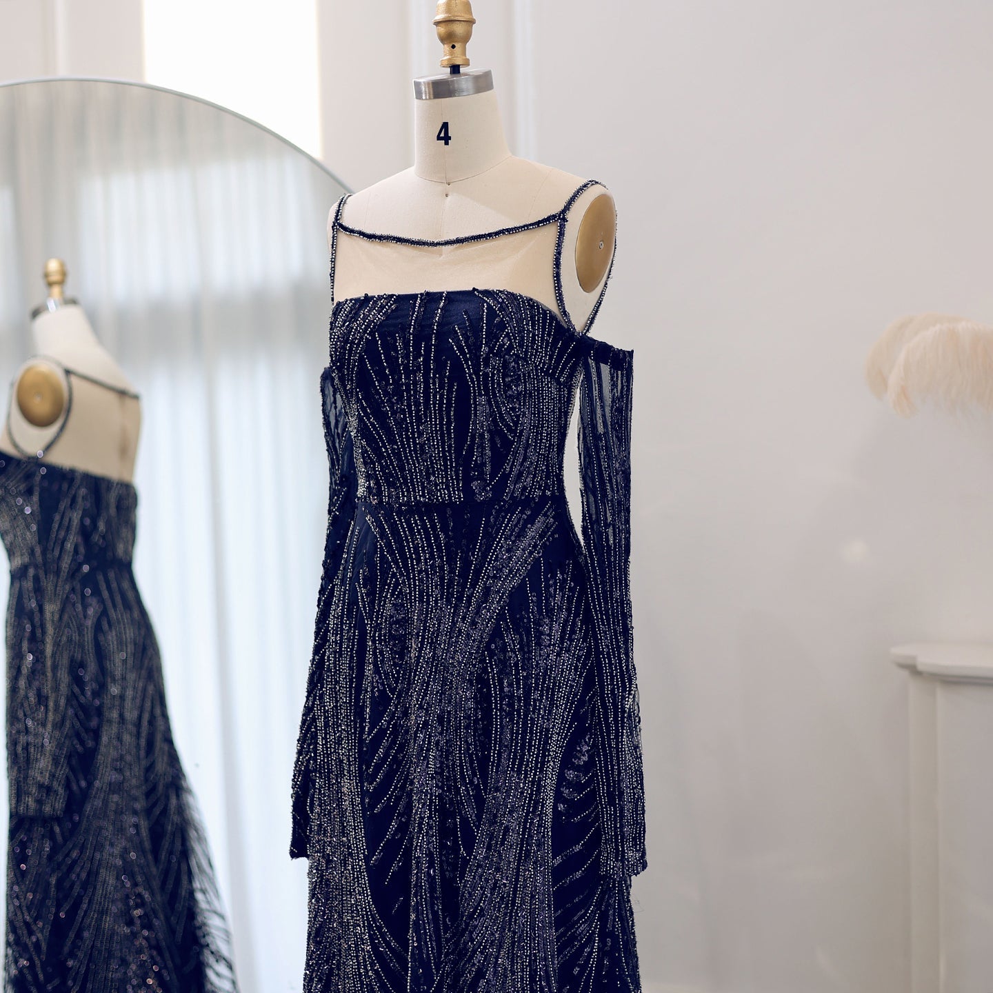 Elegant Beaded Navy Blue Evening Dress with Long Sleeves SS396