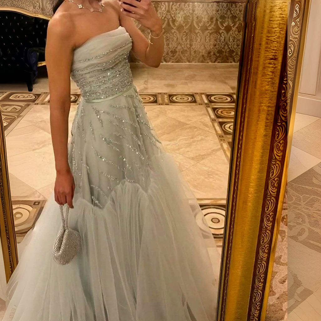 Elegant Beaded Sage Green Strapless Evening Dresses SS483