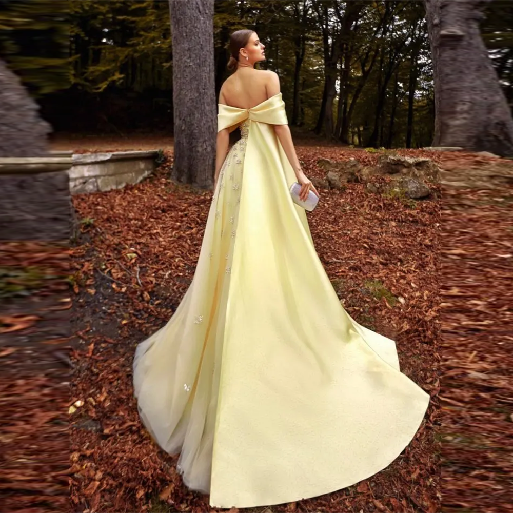 Elegant Beaded Yellow Satin Evening Dress with Cape SS455
