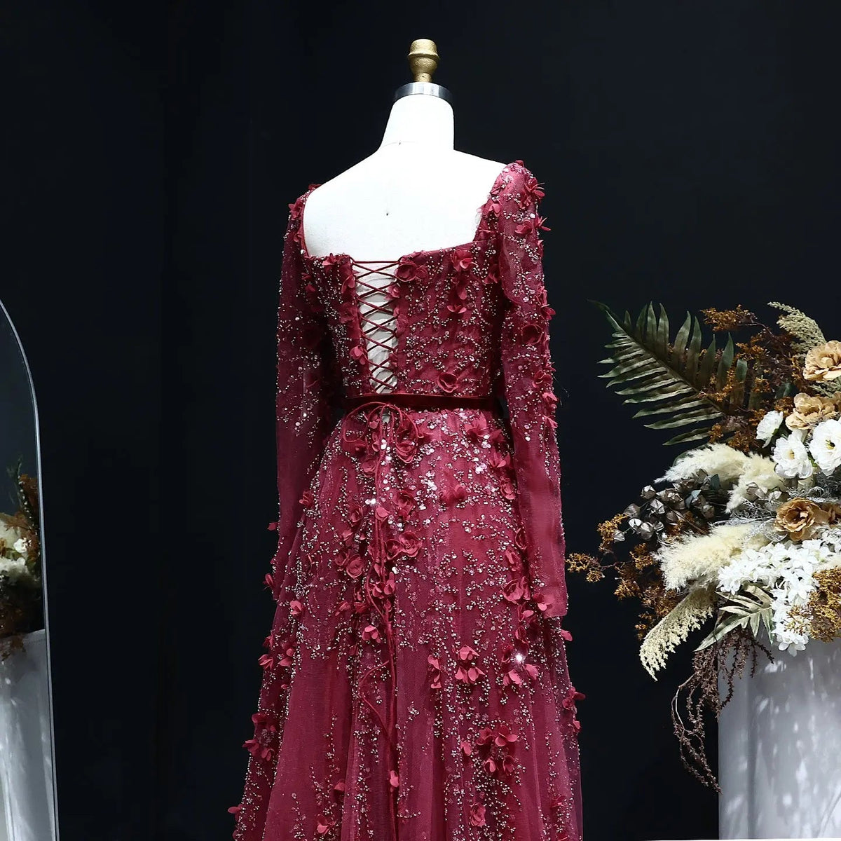 Luxury 3D Flower Gray Long Sleeves Evening Dress SS353