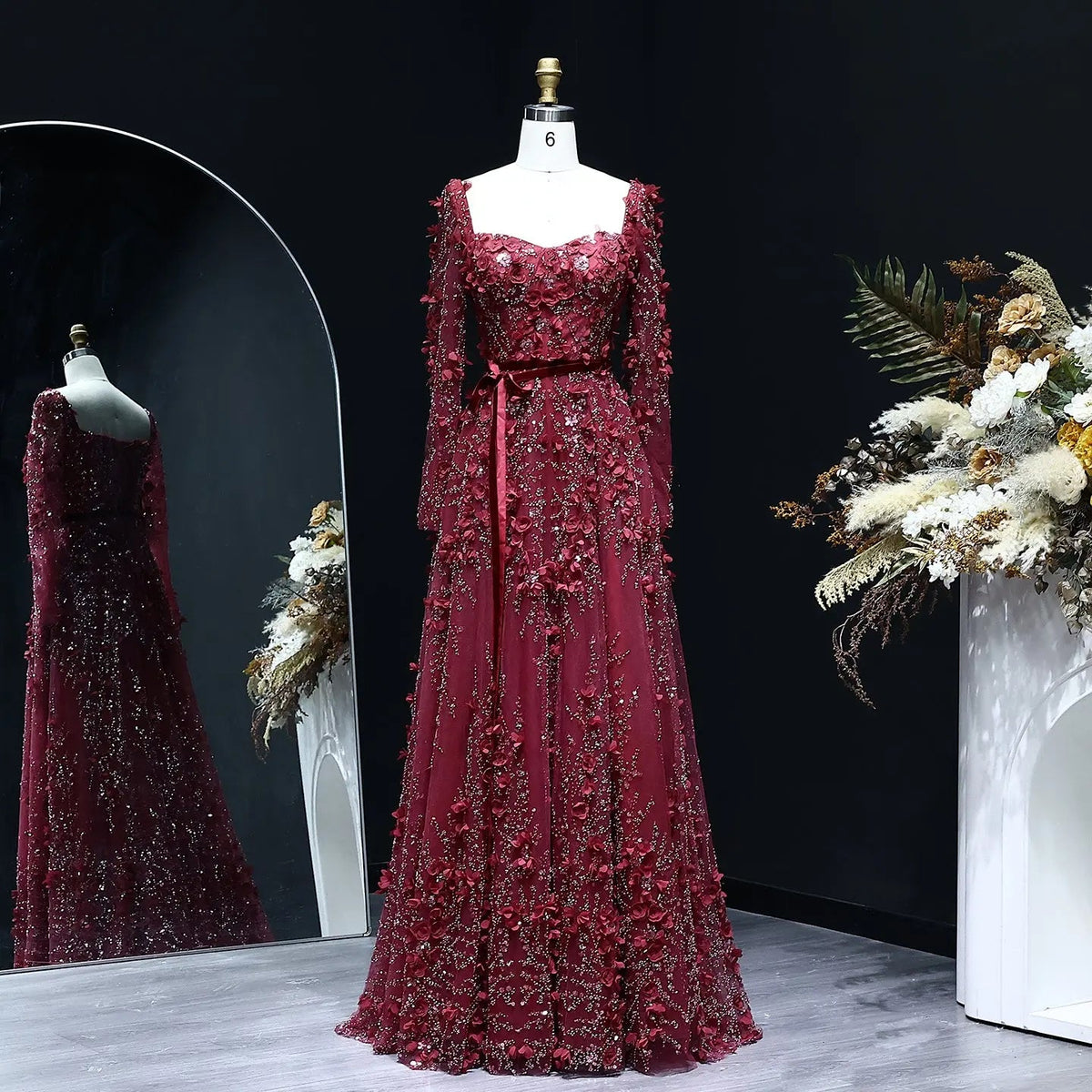 Luxury 3D Flower Gray Long Sleeves Evening Dress SS353