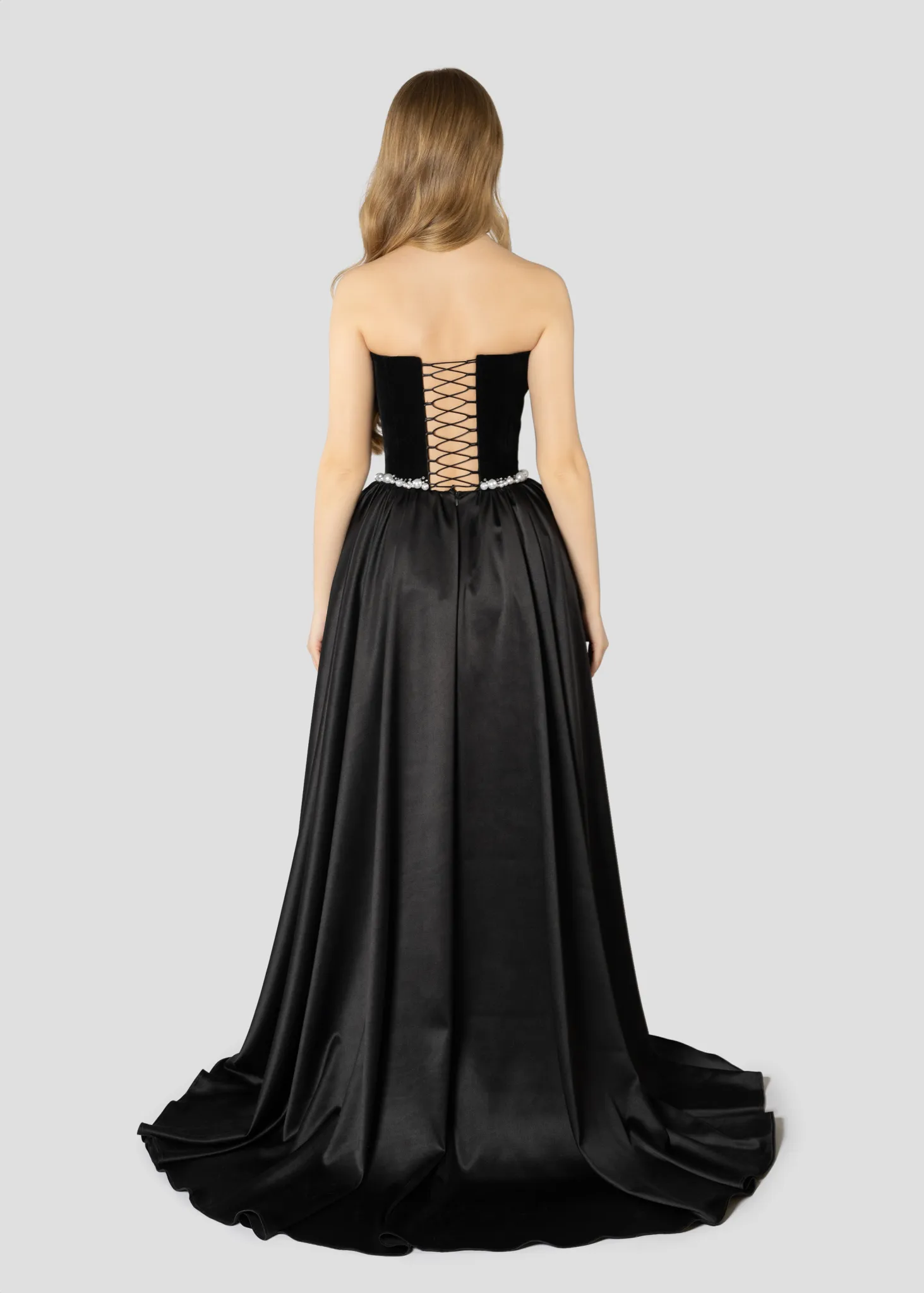 Elegant Black Strapless Evening Dress with Overskirt SF534