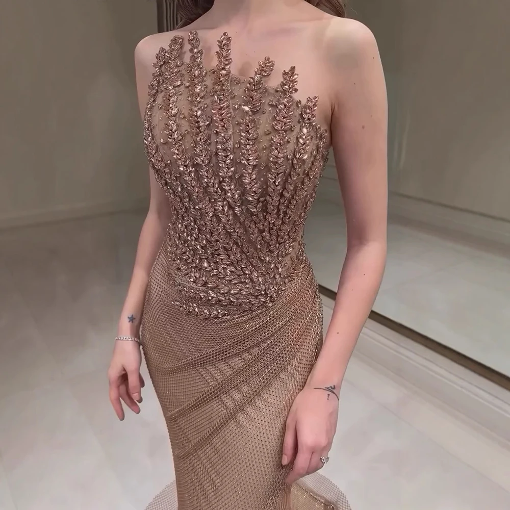 Luxury Crystal Champagne Mermaid Evening Dress with Slit SS528