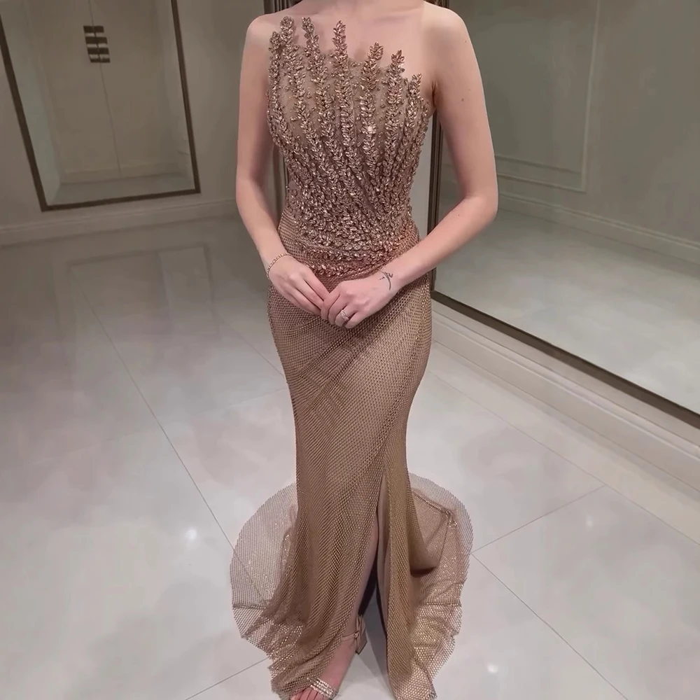 Luxury Crystal Champagne Mermaid Evening Dress with Slit SS528