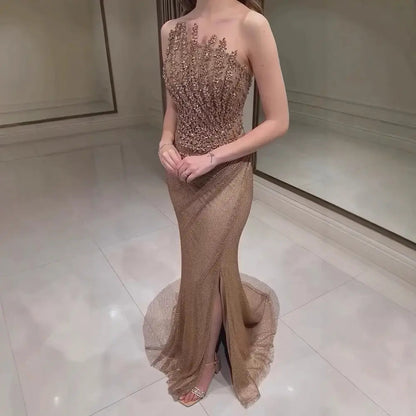 Sparkly Crystal Caramel Strapless Evening Dress SS528