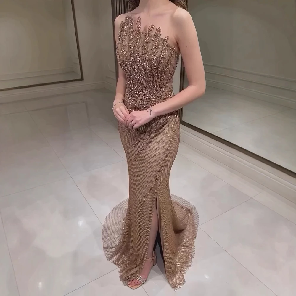 Luxury Crystal Champagne Mermaid Evening Dress with Slit SS528