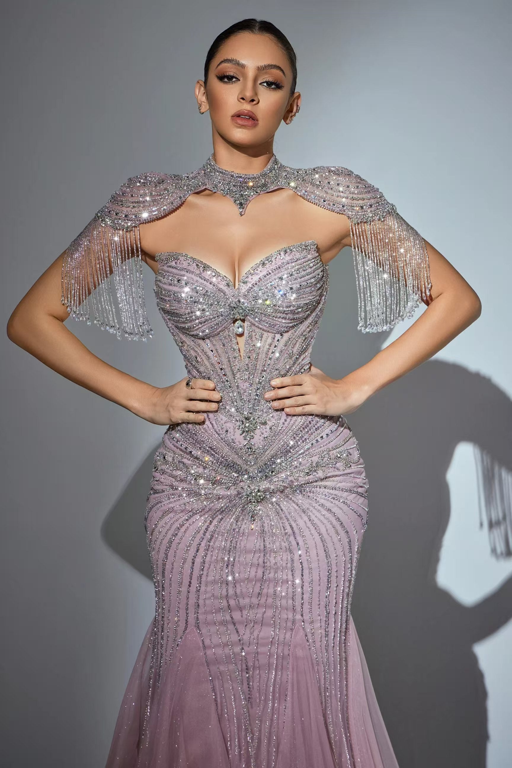 Champagne Beaded Crystal Tassel Shoulder Luxury Evening Dress SS021
