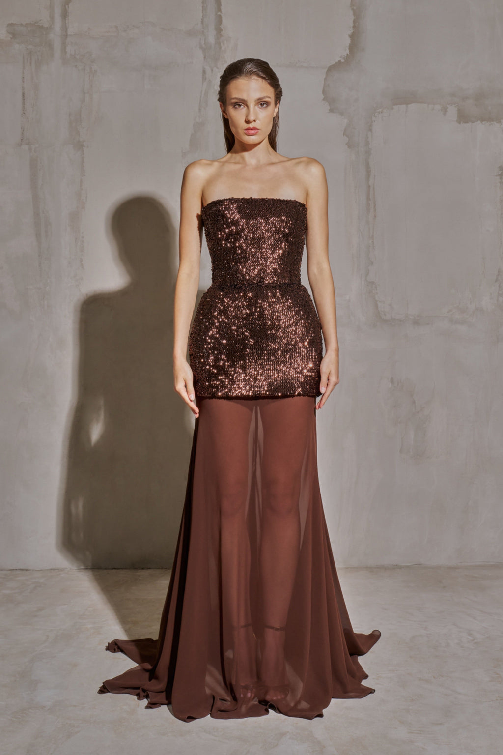 Luxury Brown Sequin Strapless Sheer Panel Evening Dress SF442