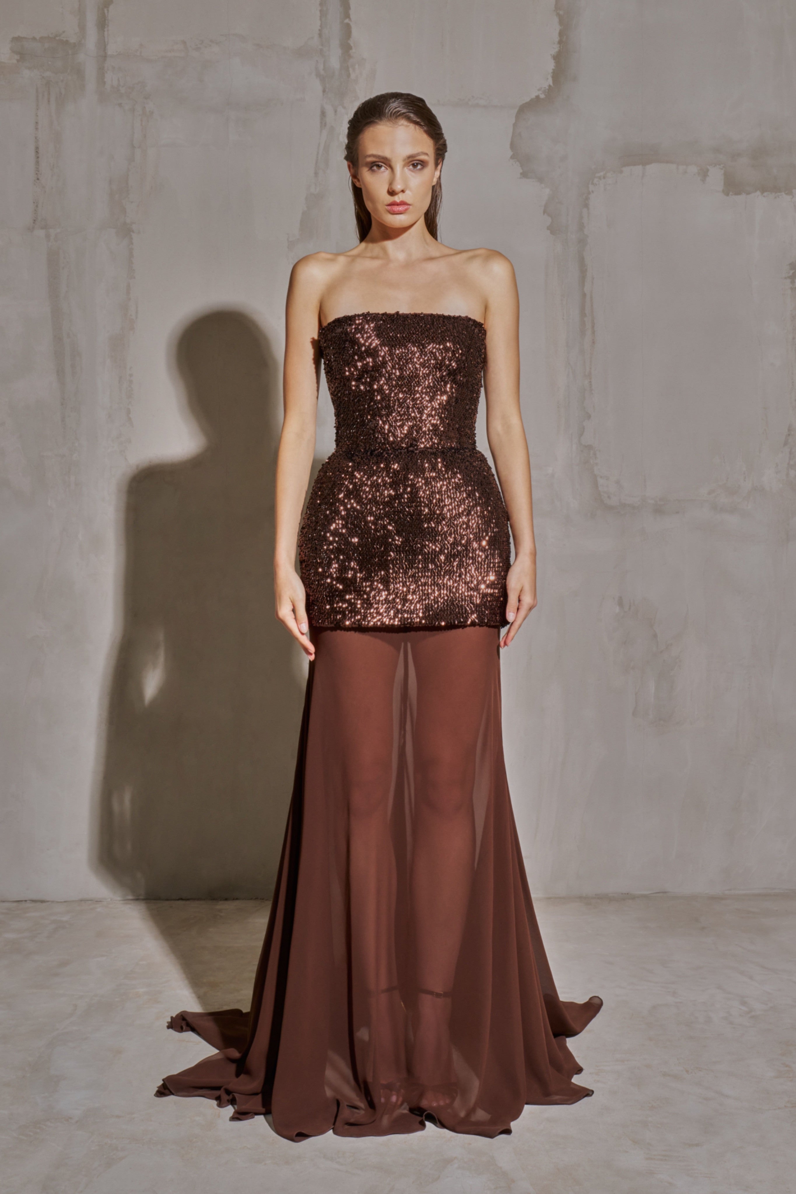 Luxury Brown Sequin Strapless Sheer Panel Evening Dress SF442