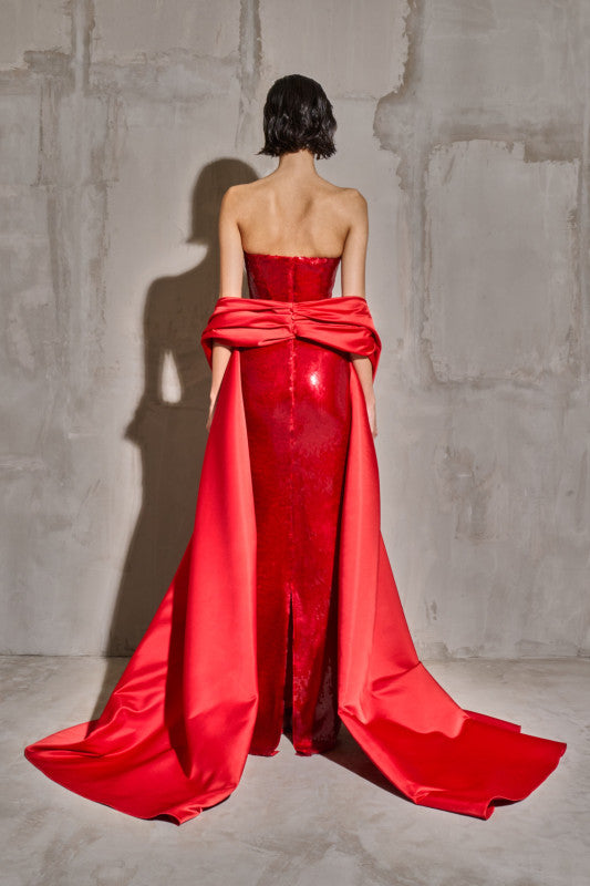 Luxury Red Sequin Mermaid Back-Slit Evening Dress with Cape SF436