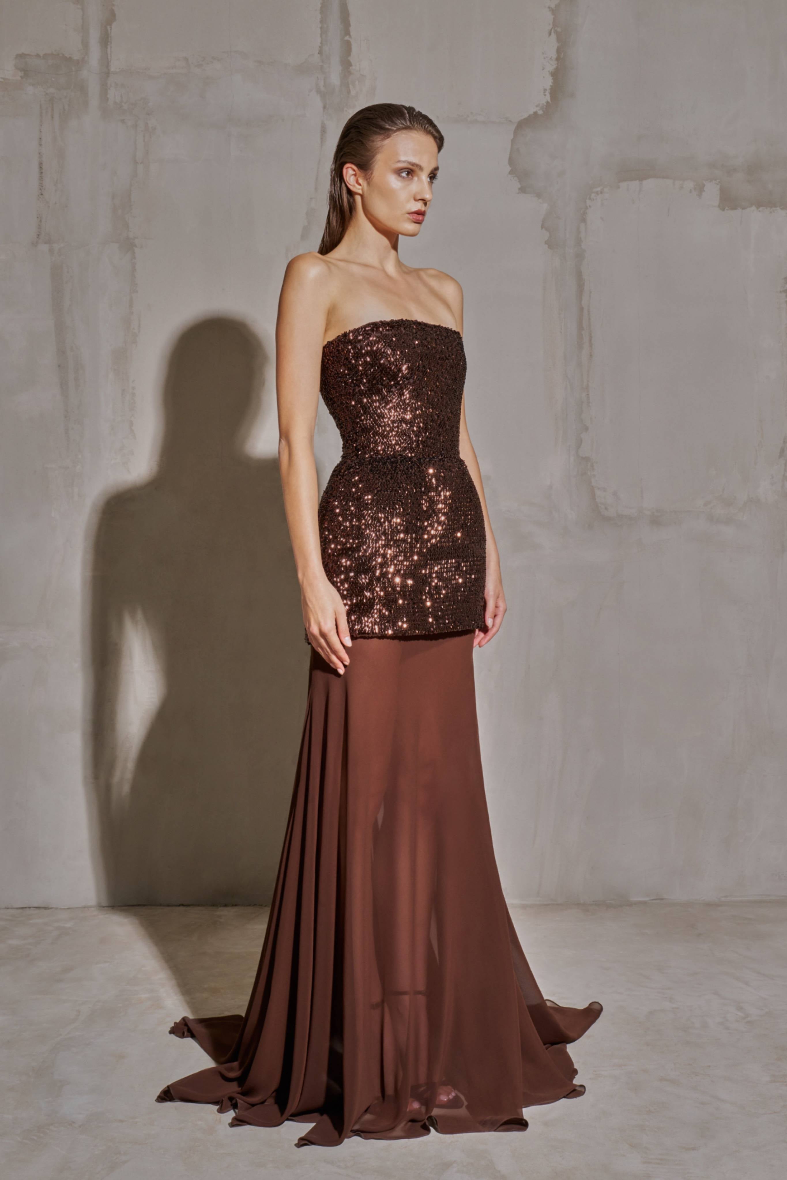 Luxury Brown Sequin Strapless Sheer Panel Evening Dress SF442