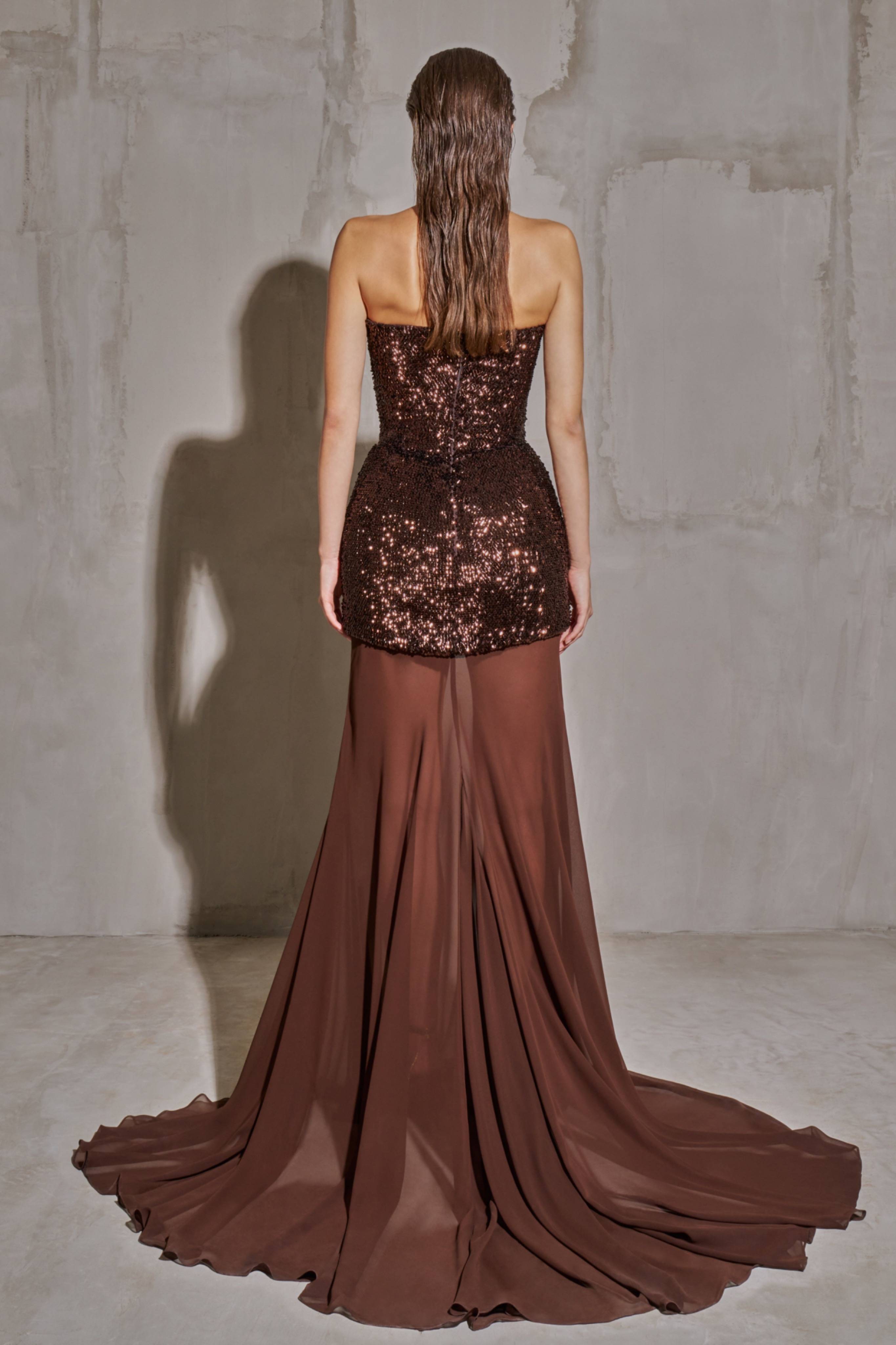 Luxury Brown Sequin Strapless Sheer Panel Evening Dress SF442
