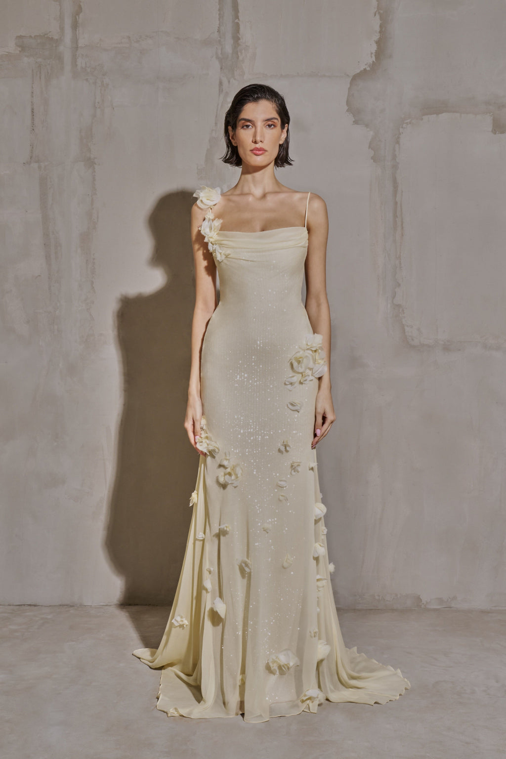 Luxury Light Yellow 3D Floral Sequin Spaghetti Strap Evening Dress SF438