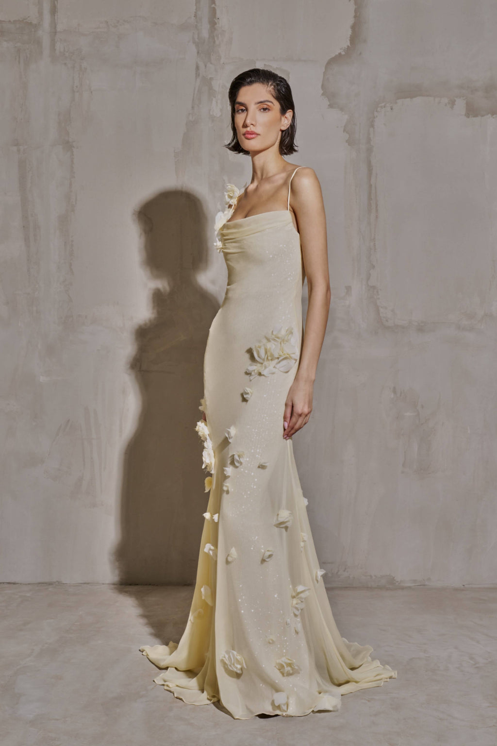 Luxury Light Yellow 3D Floral Sequin Spaghetti Strap Evening Dress SF438