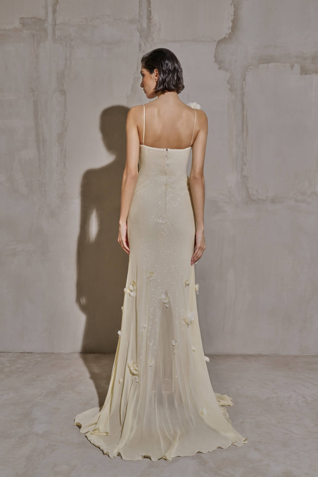 Luxury Light Yellow 3D Floral Sequin Spaghetti Strap Evening Dress SF438