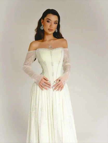 Luxury Beige Crystal Beaded Mesh Long Sleeve Evening Dress SS628