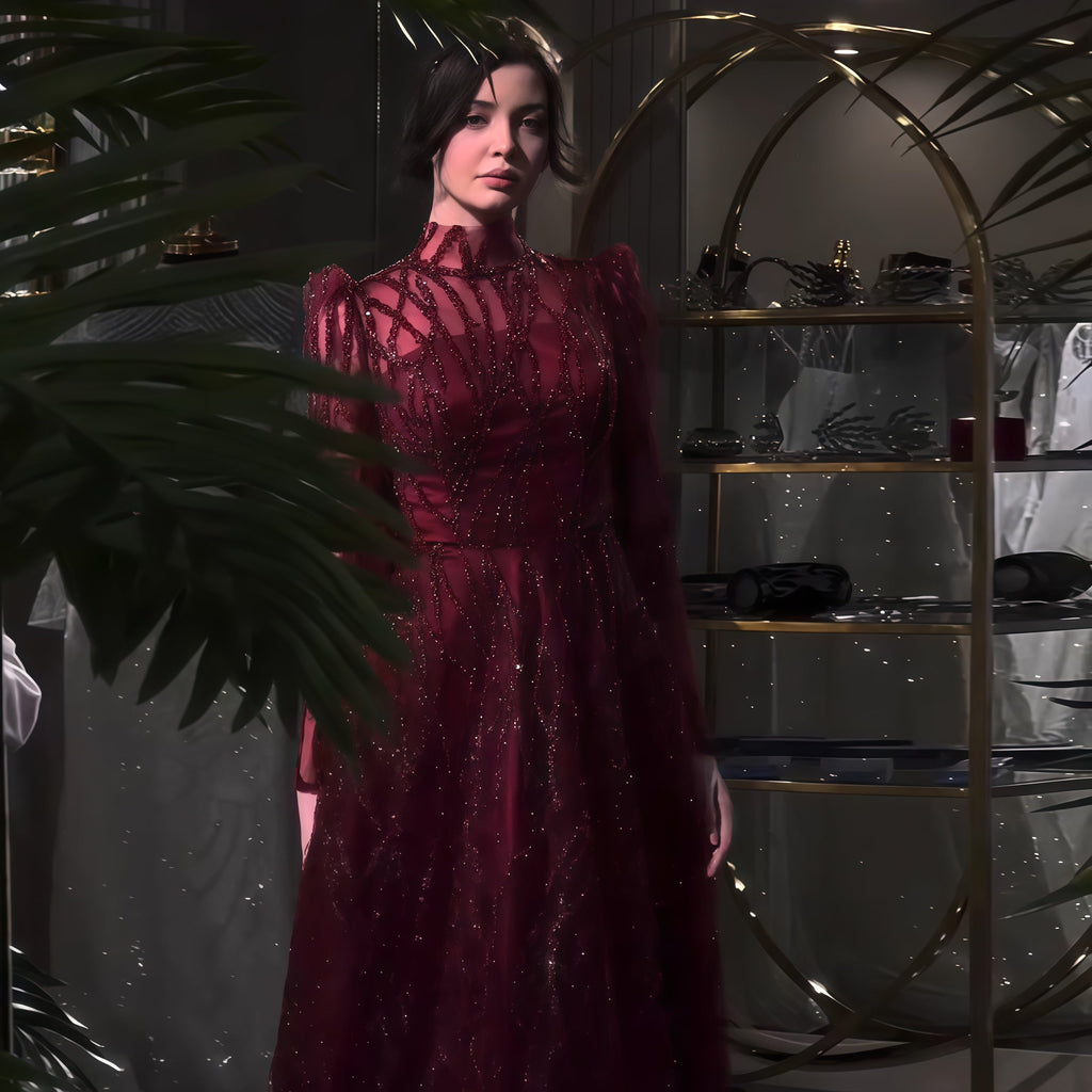 Luxury Wine Red Sequin Long Sleeve Evening Dress SS618