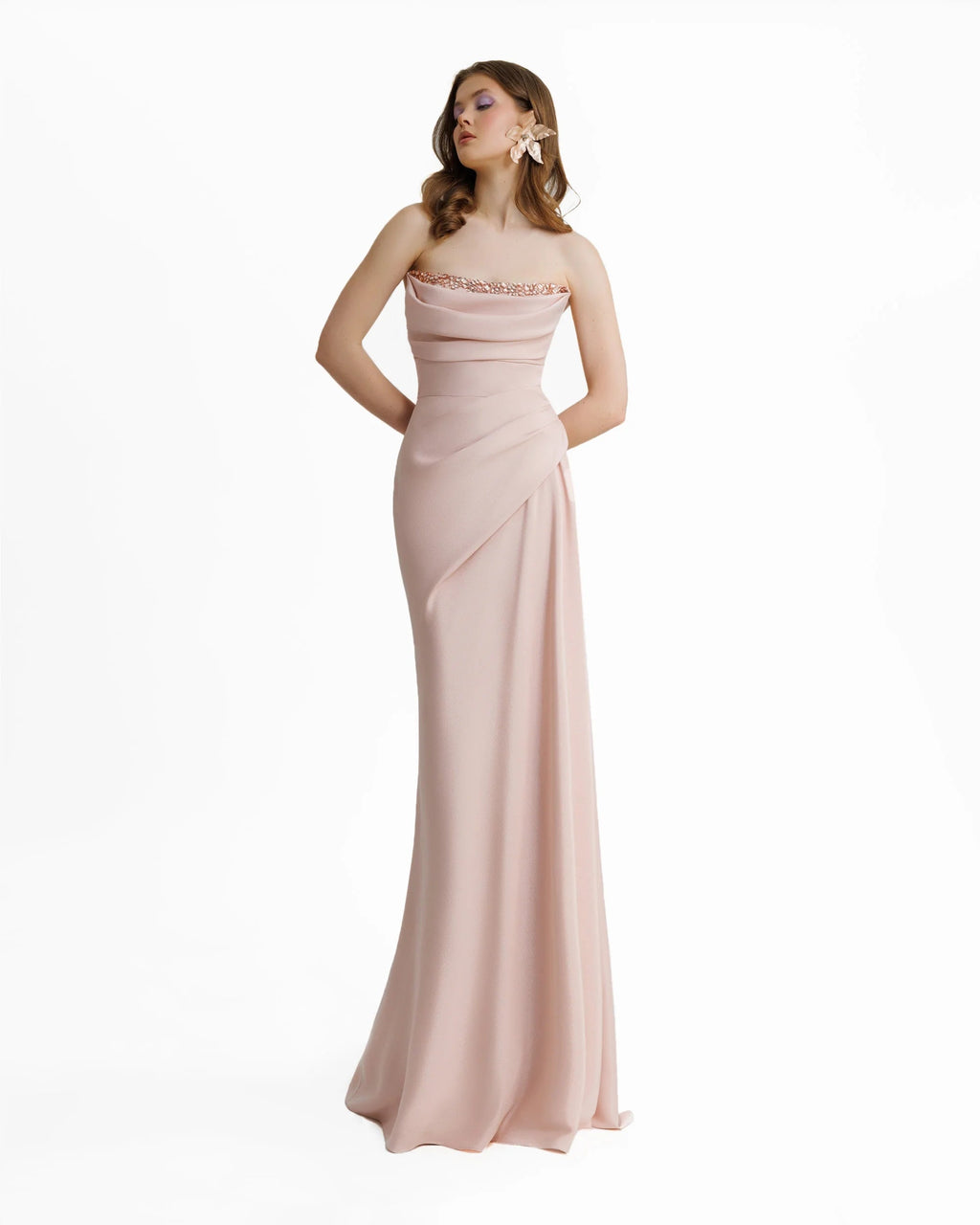 Elegant Pink Strapless Draped Beaded Chiffon Evening Dress SF431