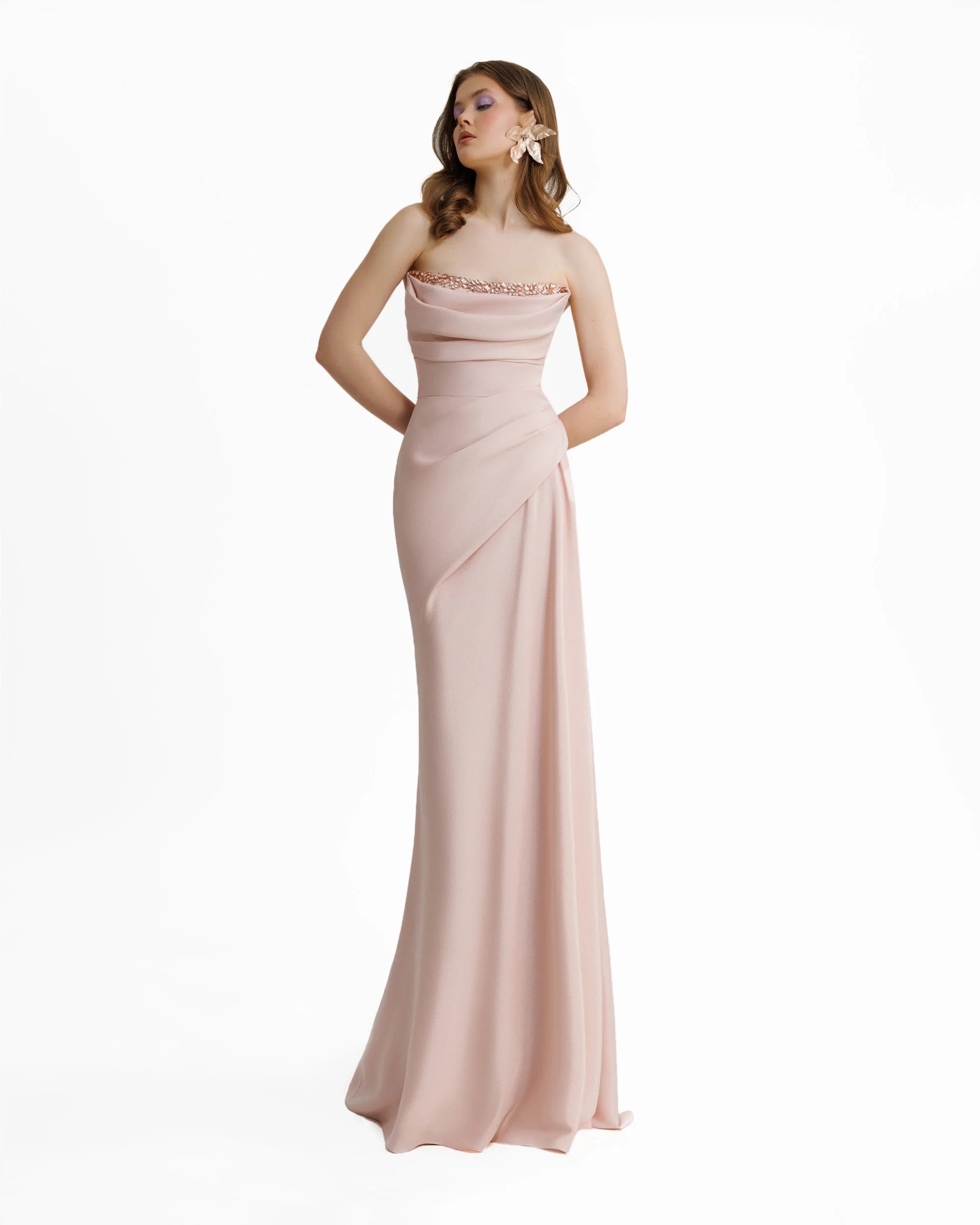 Elegant Pink Strapless Draped Beaded Chiffon Evening Dress SF431