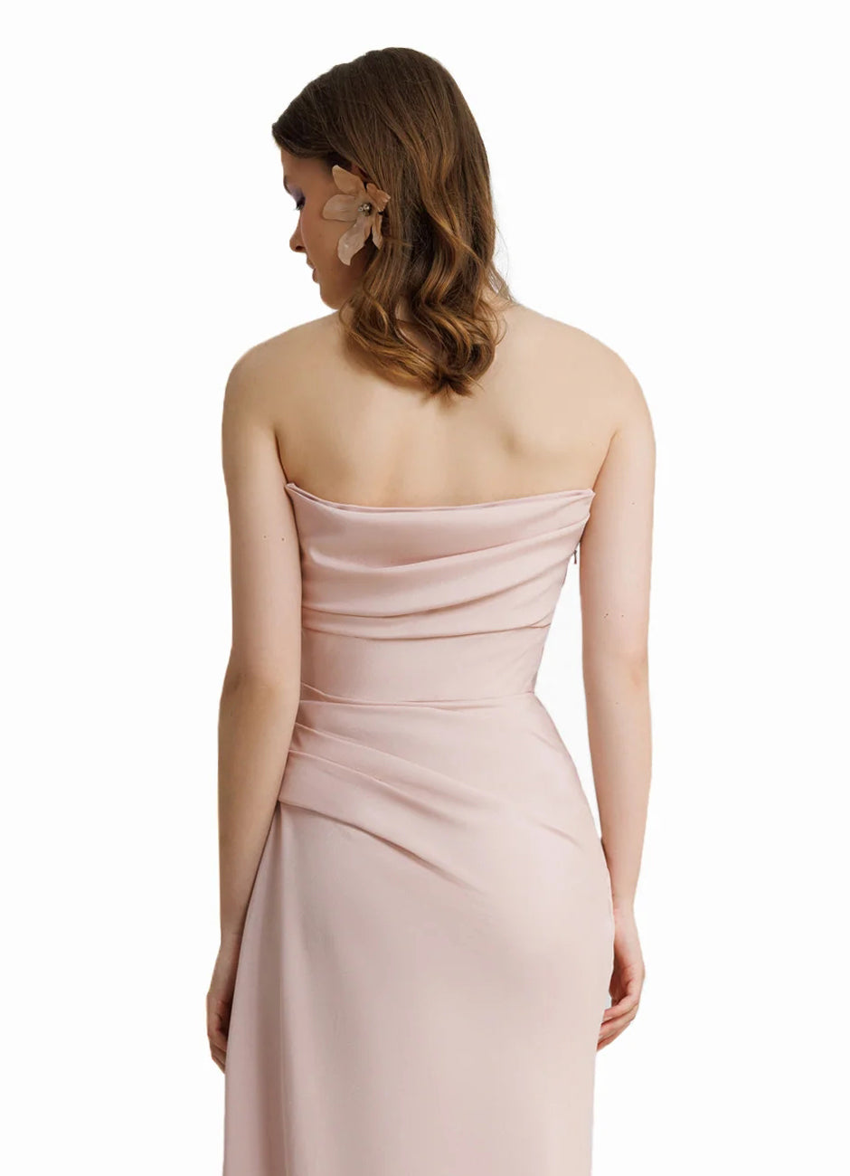 Elegant Pink Strapless Draped Beaded Chiffon Evening Dress SF431