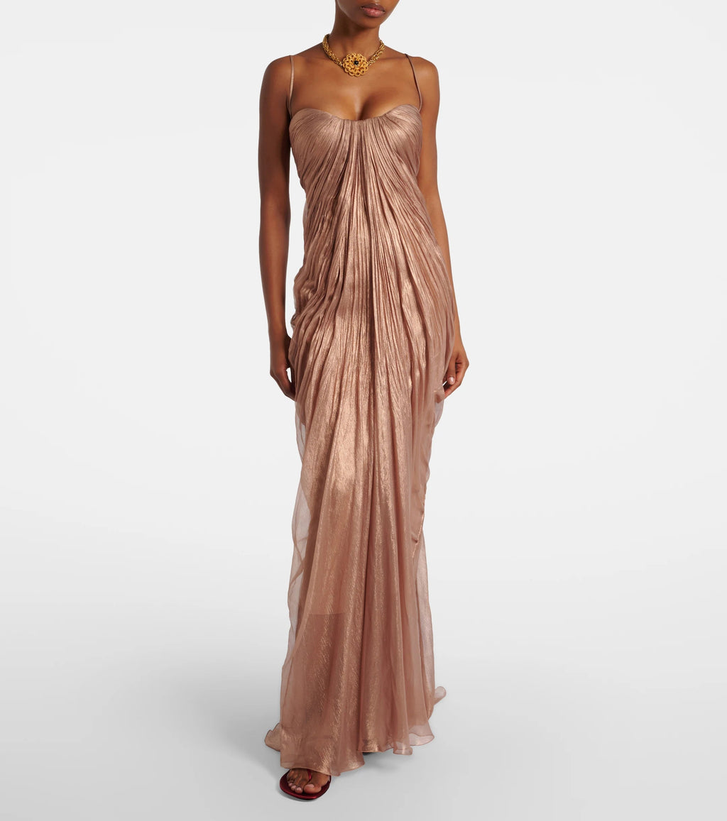 Glamorous Brown Spaghetti Strap Pleated Evening Dress SF194