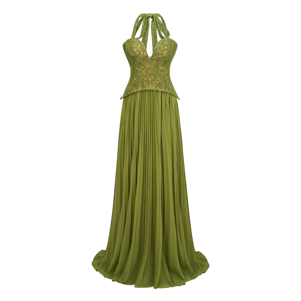 Elegant Green Halter Neck Lace & Chiffon Evening Dress SF419