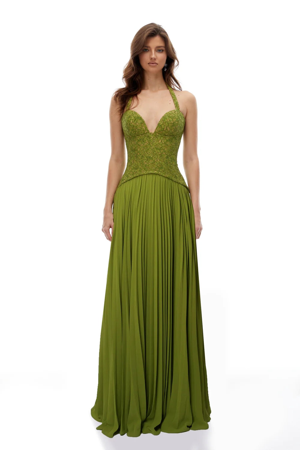 Elegant Green Halter Neck Lace & Chiffon Evening Dress SF419