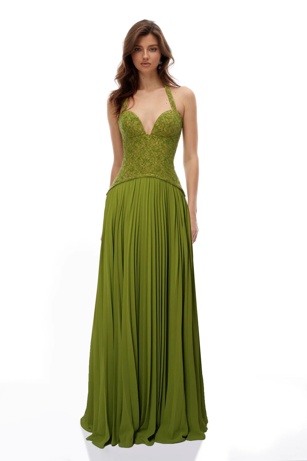 Elegant Green Halter Neck Lace & Chiffon Evening Dress SF419