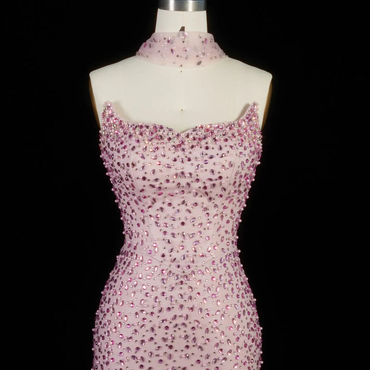 Glamorous Pink Strapless Crystal Evening Dress with Choker and Cape SS382