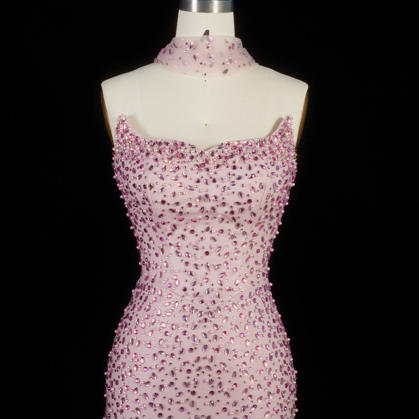 Luxury Pink Strapless Crystal Evening Dress with Cape and Choker SS382