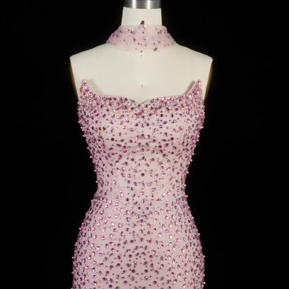Glamorous Pink Strapless Crystal Evening Dress with Choker and Cape SS382