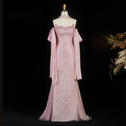 Glamorous Pink Strapless Crystal Evening Dress with Choker and Cape SS382
