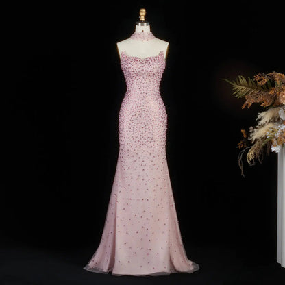 Glamorous Pink Strapless Crystal Evening Dress with Choker and Cape SS382