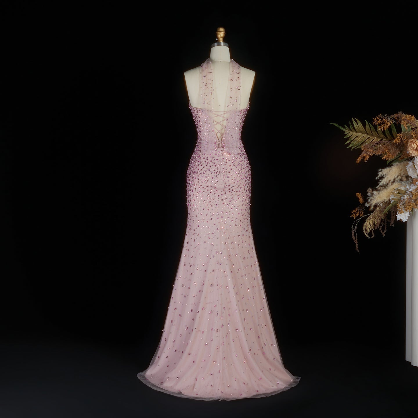 Luxury Pink Strapless Crystal Evening Dress with Cape and Choker SS382