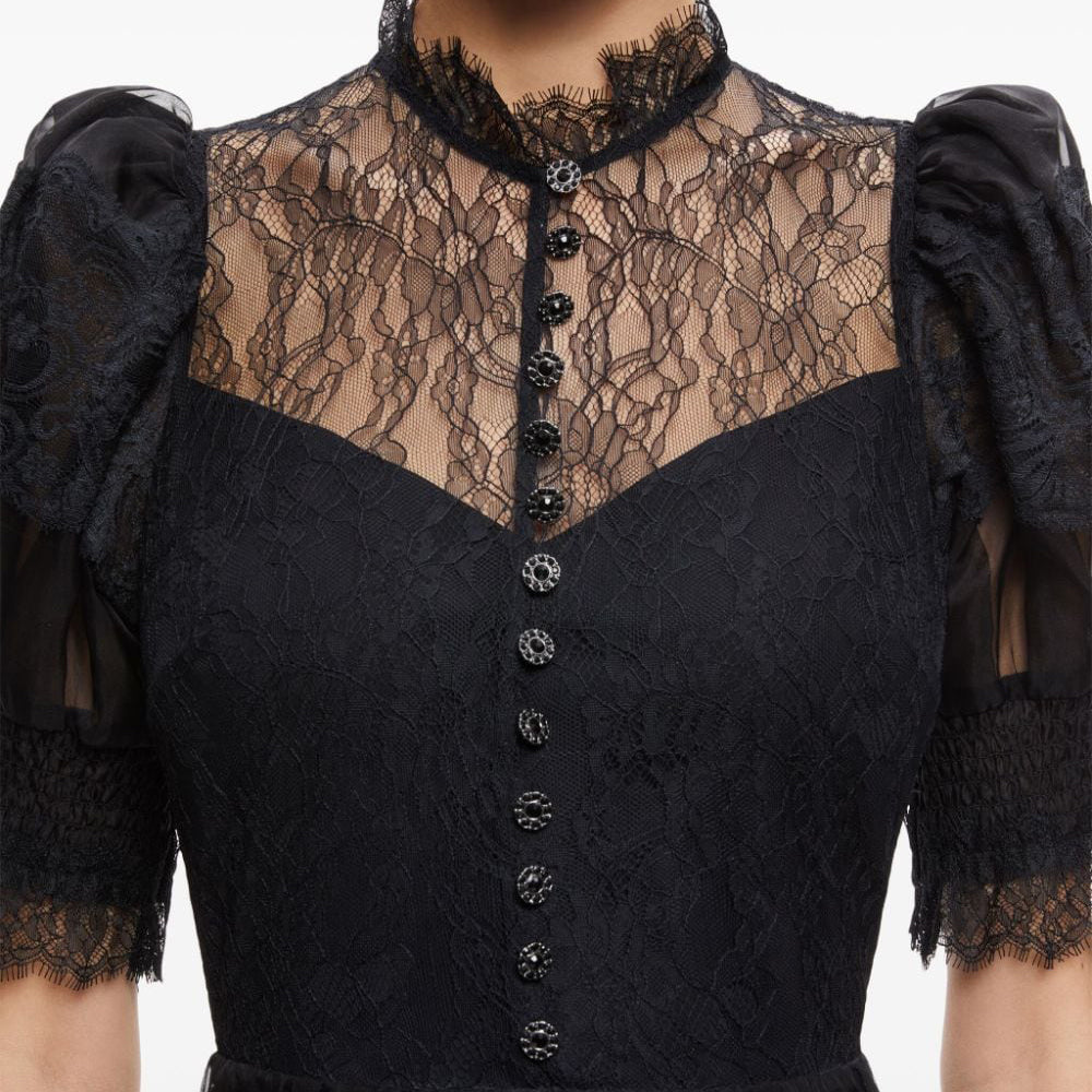 Luxury Black A-Line Half Sleeves Lace Pleats Long Evening Dress SF016