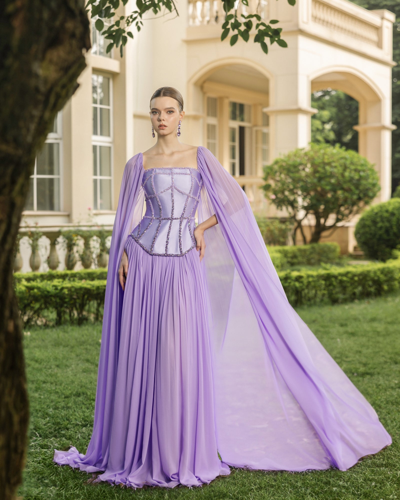 Elegant Lilac Square Neck Beaded Corset Cape Sleeve Chiffon Evening Dress SF413