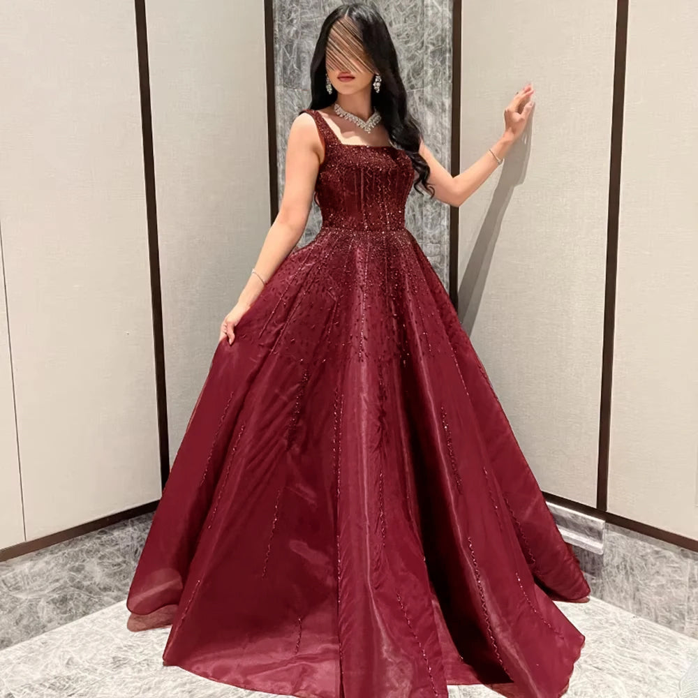 Elegant Wine Red Sequin Beaded Strapless Ball Gown Evening Dress XD074