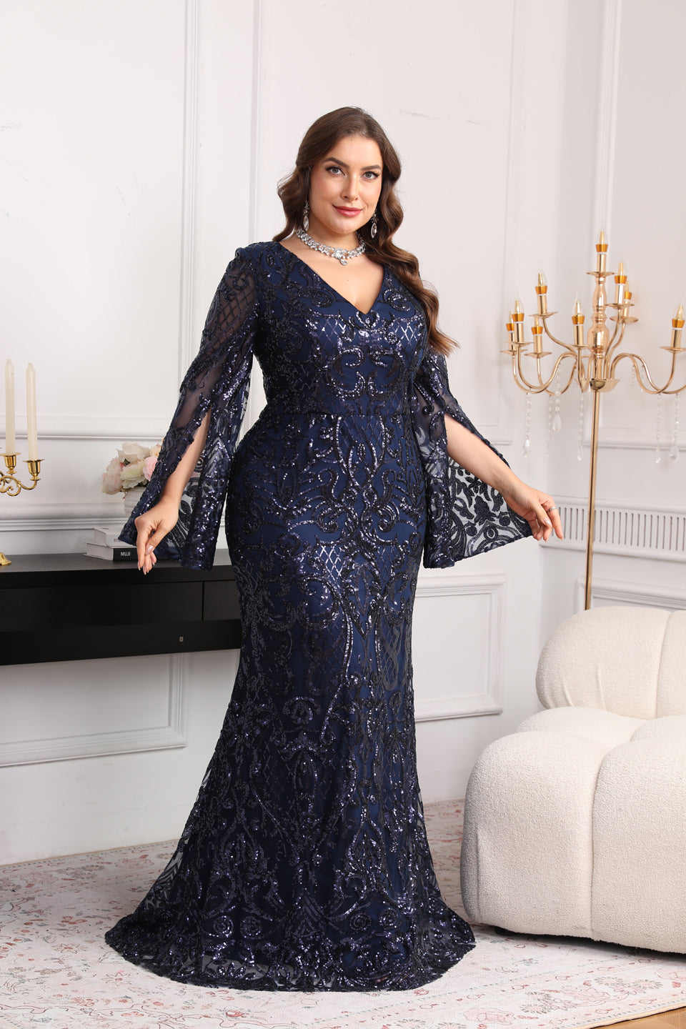 Luxury Navy Blue Sequin Batwing Sleeve Evening Dress SF624