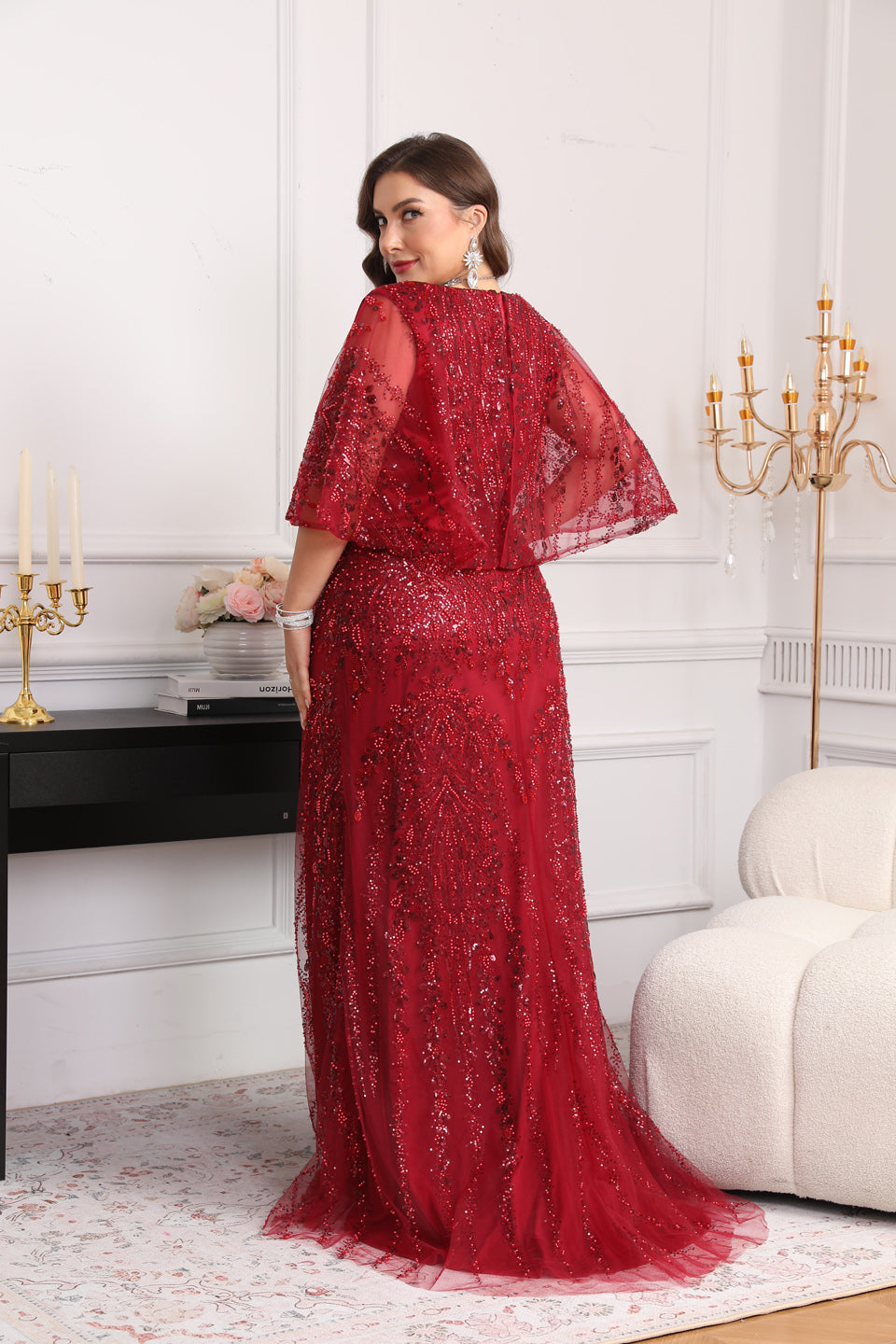 Glamorous Wine Red Sequin Beaded Half-Sleeve Evening Dress SF628