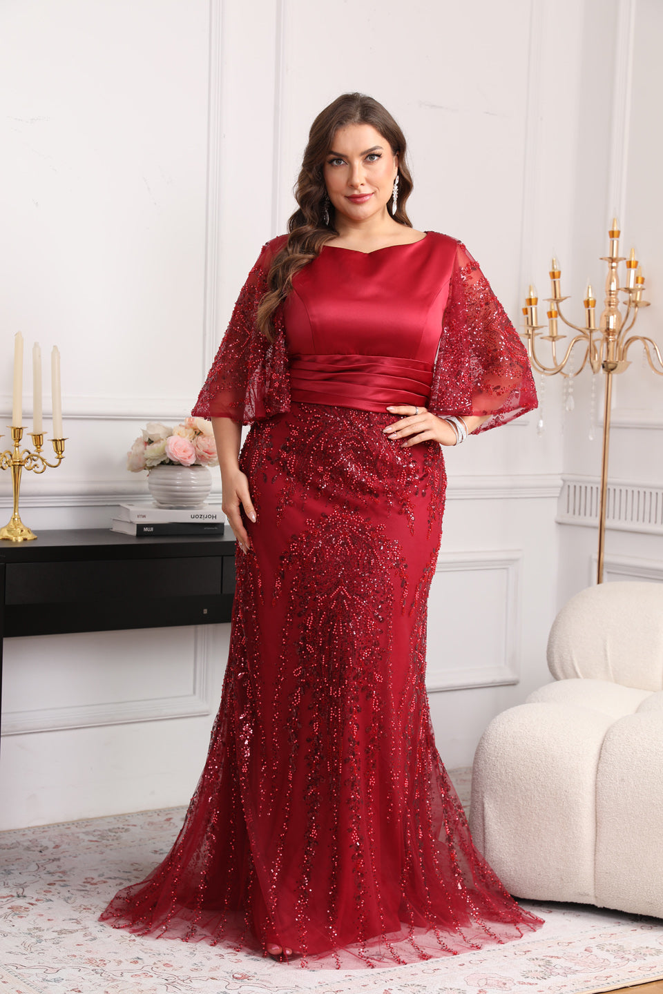 Glamorous Wine Red Sequin Beaded Half-Sleeve Evening Dress SF628