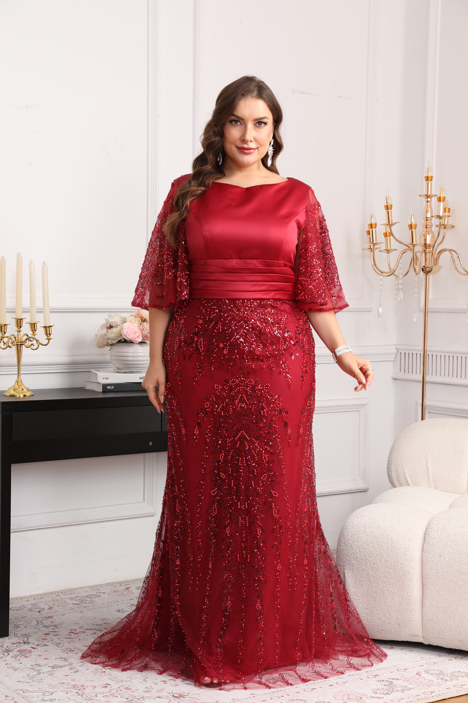 Glamorous Wine Red Sequin Beaded Half-Sleeve Evening Dress SF628