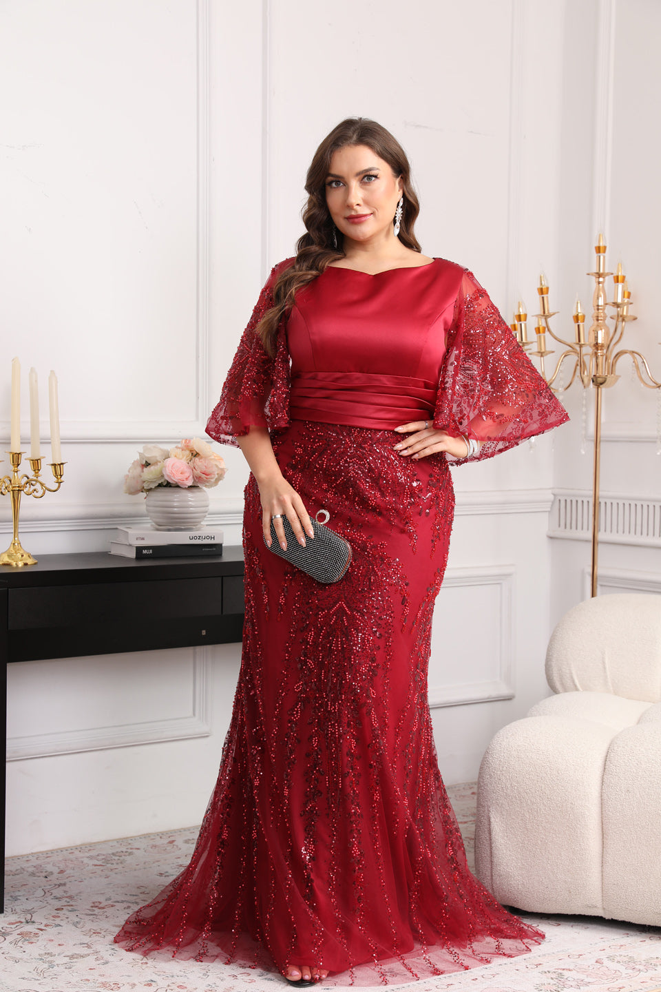 Glamorous Wine Red Sequin Beaded Half-Sleeve Evening Dress SF628