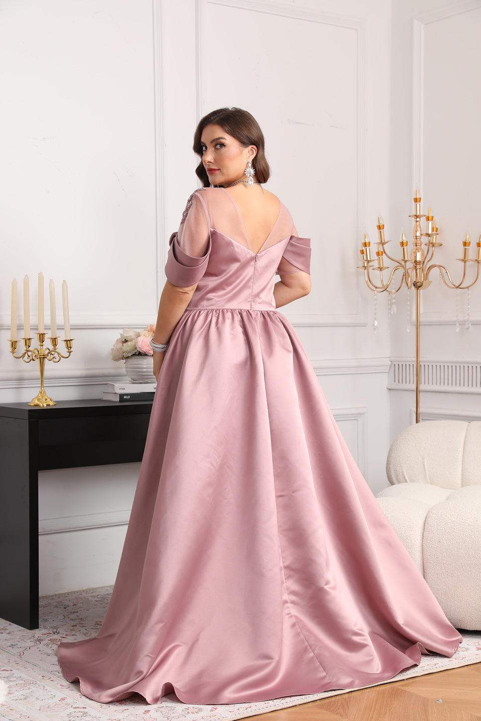 Elegant Luxury Pink Crystal Off-Shoulder Evening Dress SF627