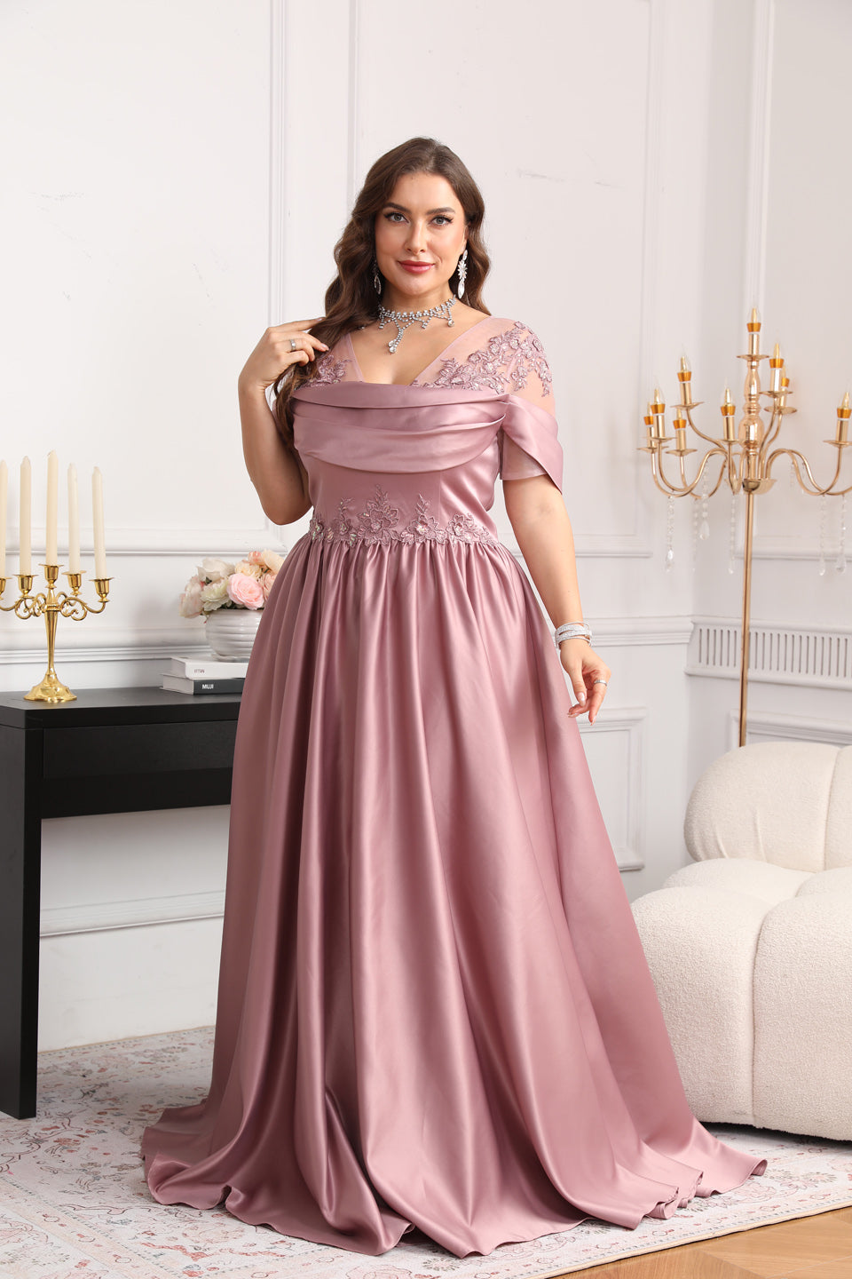 Elegant Luxury Pink Crystal Off-Shoulder Evening Dress SF627