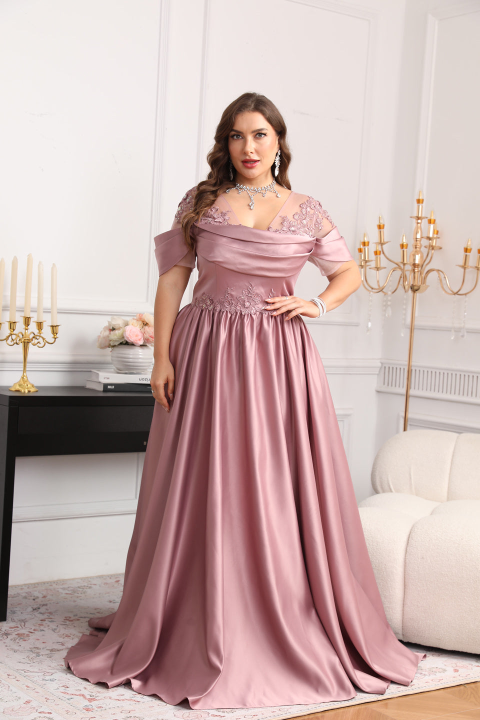 Elegant Luxury Pink Crystal Off-Shoulder Evening Dress SF627