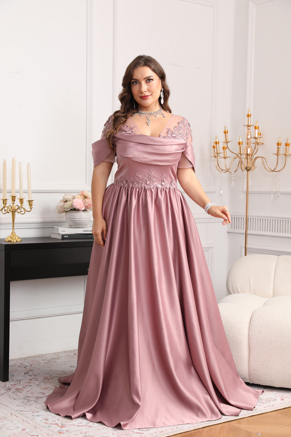 Elegant Luxury Pink Crystal Off-Shoulder Evening Dress SF627