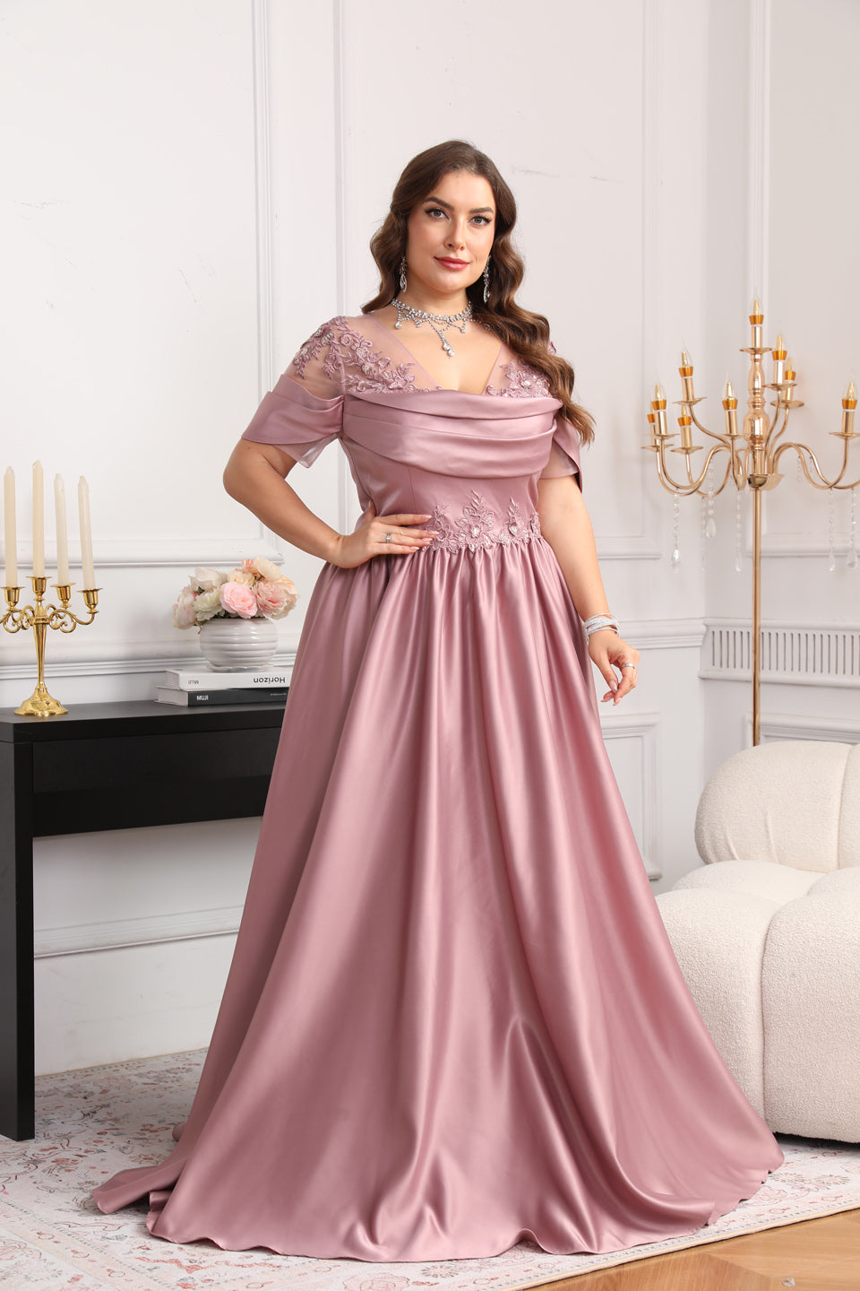 Elegant Luxury Pink Crystal Off-Shoulder Evening Dress SF627