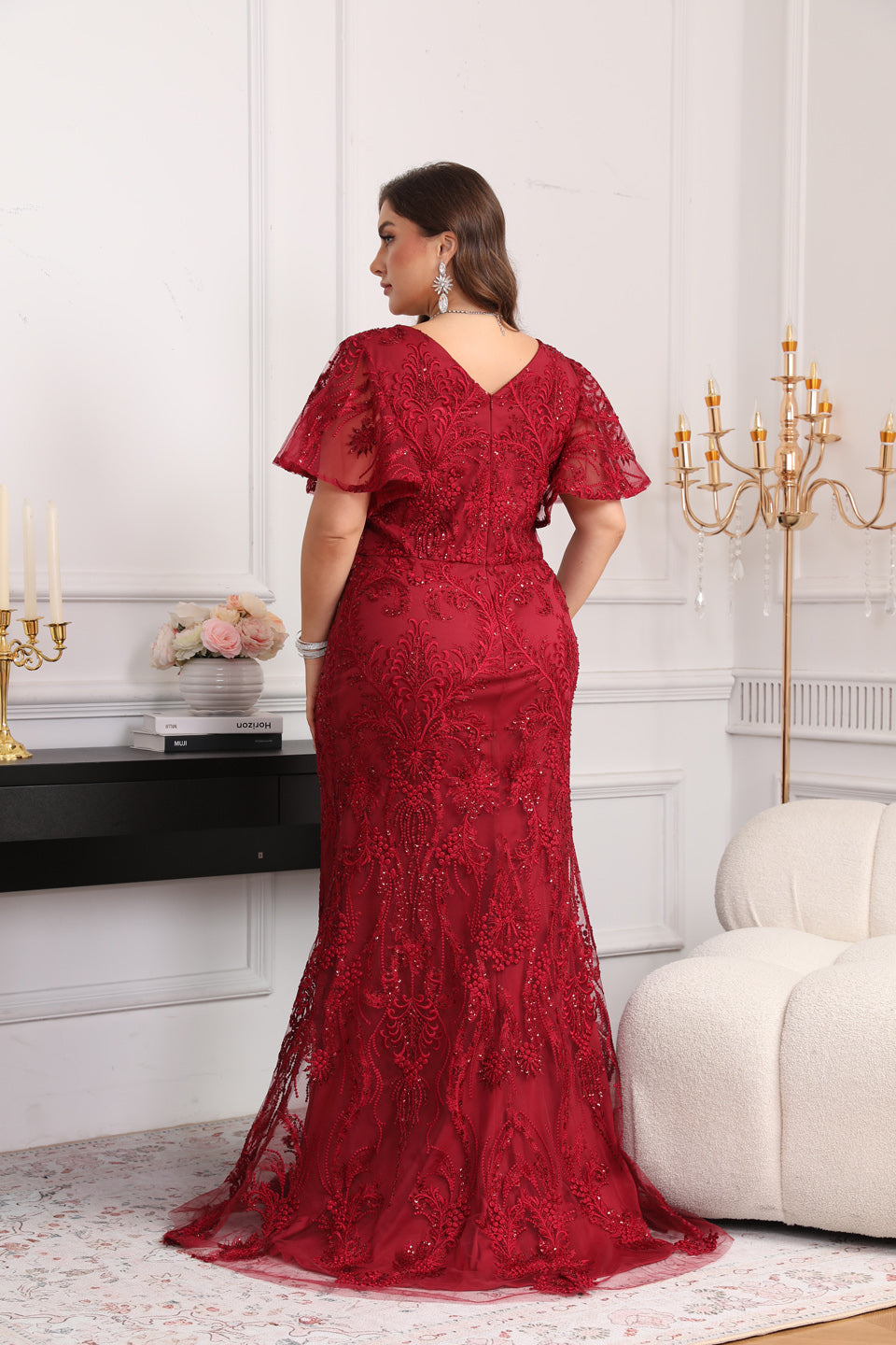 Elegant Wine Red V-Neck Half-Sleeve Evening Dress SF604
